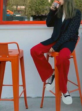 铁艺吧台椅靠背吧凳桔橙色奶茶店金属简约酒吧椅户外家用高脚椅子