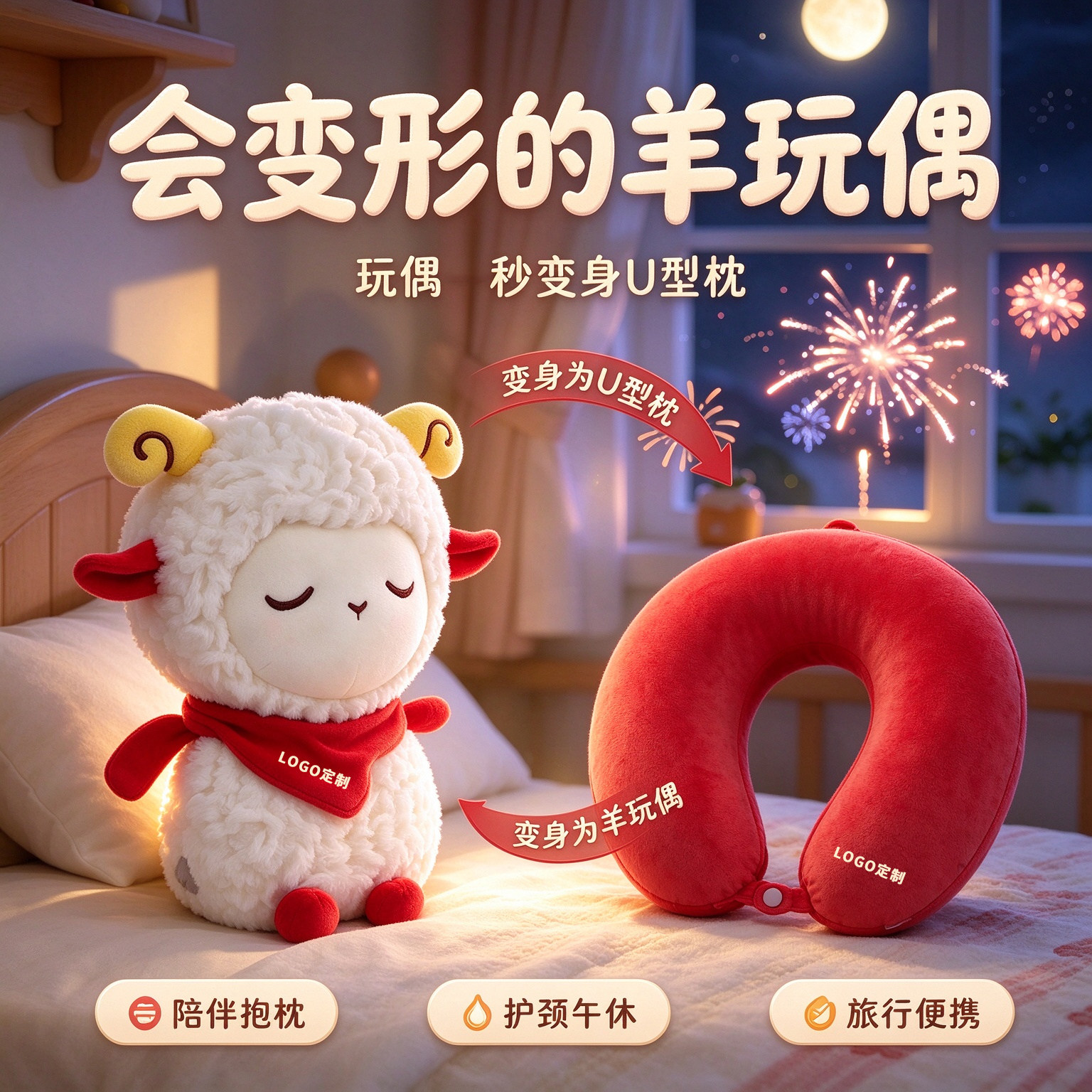 2027羊年玩偶两用枕可变形u型枕旅行抱枕年会礼品吉祥物logo定制