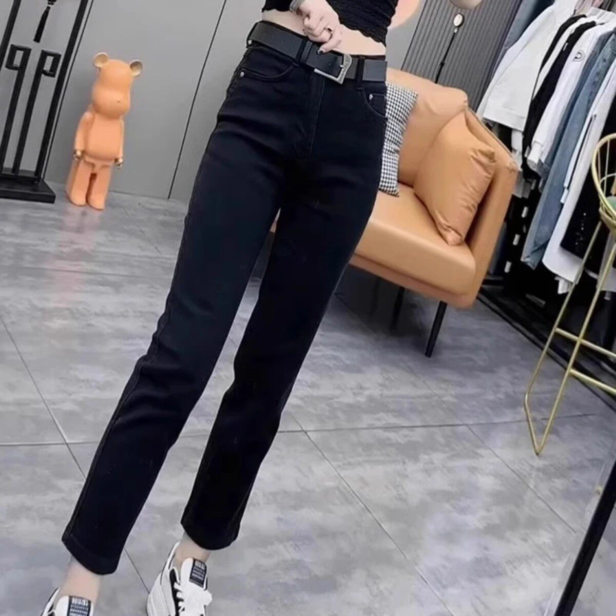 萱影彩女装服饰黑色高腰烟管牛仔裤女加绒小个子直筒八九分不掉色