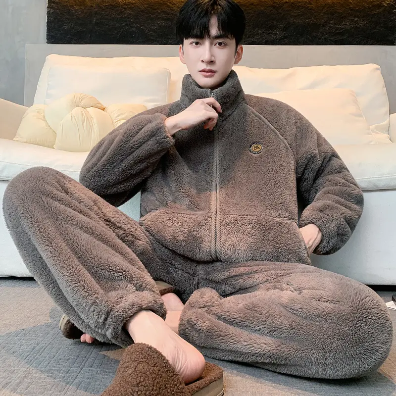 凯爵邦睡衣秋冬法兰绒加厚加绒保暖珊瑚绒立领冬天开衫家居服套装