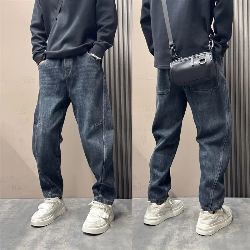 此客高端贵人2026水洗做旧加绒加厚长裤松紧腰小脚弯刀直筒牛仔裤