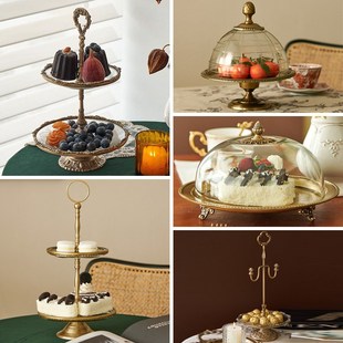 轻奢黄铜蛋糕架托盘法式 欧式 宫廷复古风金色双层点心盘玻璃罩摆件