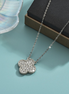 日韩感四叶草满钻锁骨链不掉色气质简约项链跨境货源厂家