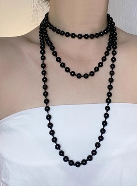 国风复古黑色圆珠珍珠项链女长款多层叠戴名媛旗袍颈链轻奢锁骨链