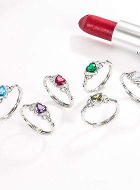 亚马逊多色心形祖母绿锆石戒指女轻奢爱心红宝石蓝水晶戒指首饰