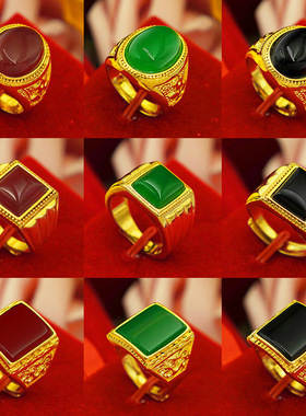 大方小方椭圆男戒黄铜镀金戒指镶黑曜石沙金男款地摊货源玛瑙