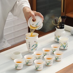 家用待客简约中式 羊脂玉功夫茶具套装 轻奢陶瓷盖碗泡茶杯礼品
