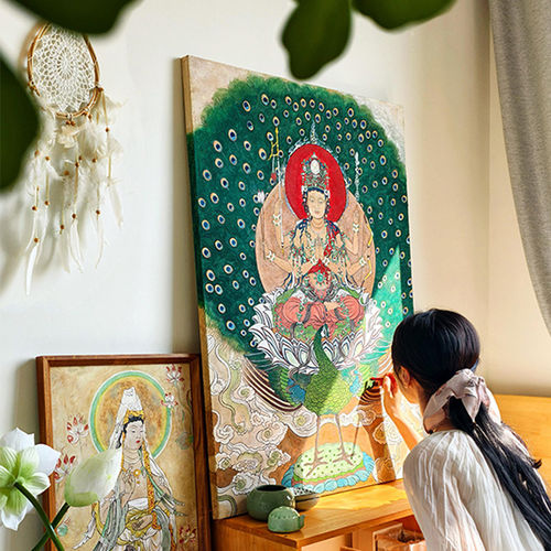 孔雀明王菩萨》新中式禅意书房客厅装饰画敦煌国风入户玄关壁挂画