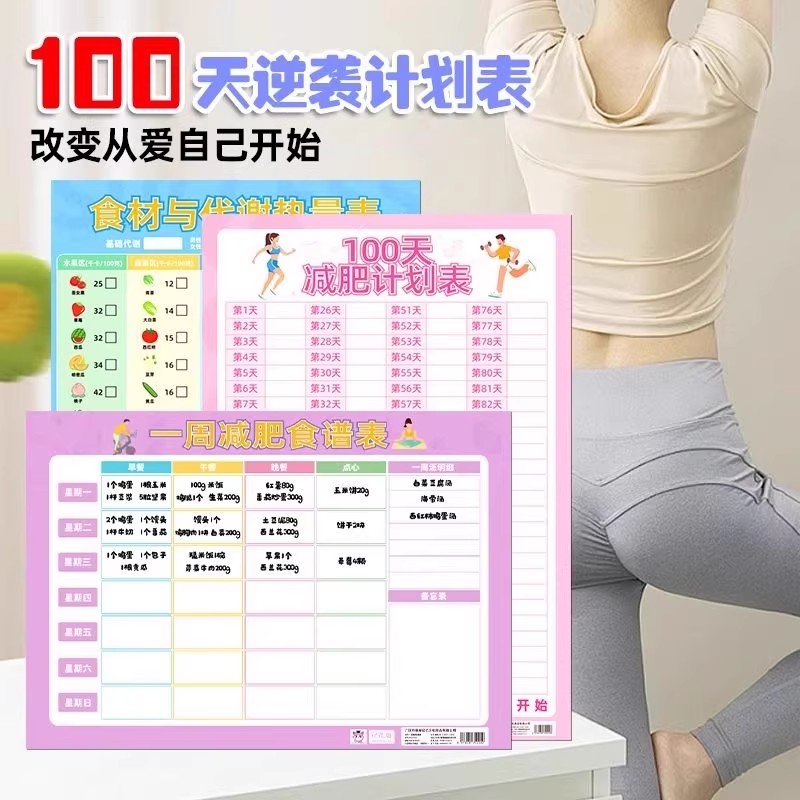 减肥计划表贴纸减肥食谱计划表自律打卡记录健康食物体重挂图墙贴