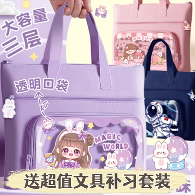 特莱洛学生手提袋可拎书包课本分类试卷收纳袋补习袋女孩男孩补课