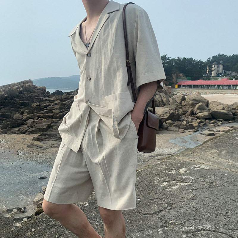 男装亚麻短袖衬衫套装夏季宽松休闲棉麻料衬衣人夫感小众时尚潮流