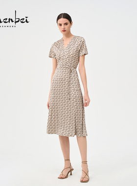 ZB/珍贝真桑蚕丝印花V领连衣裙轻奢修身显瘦时尚百搭优雅/H94195