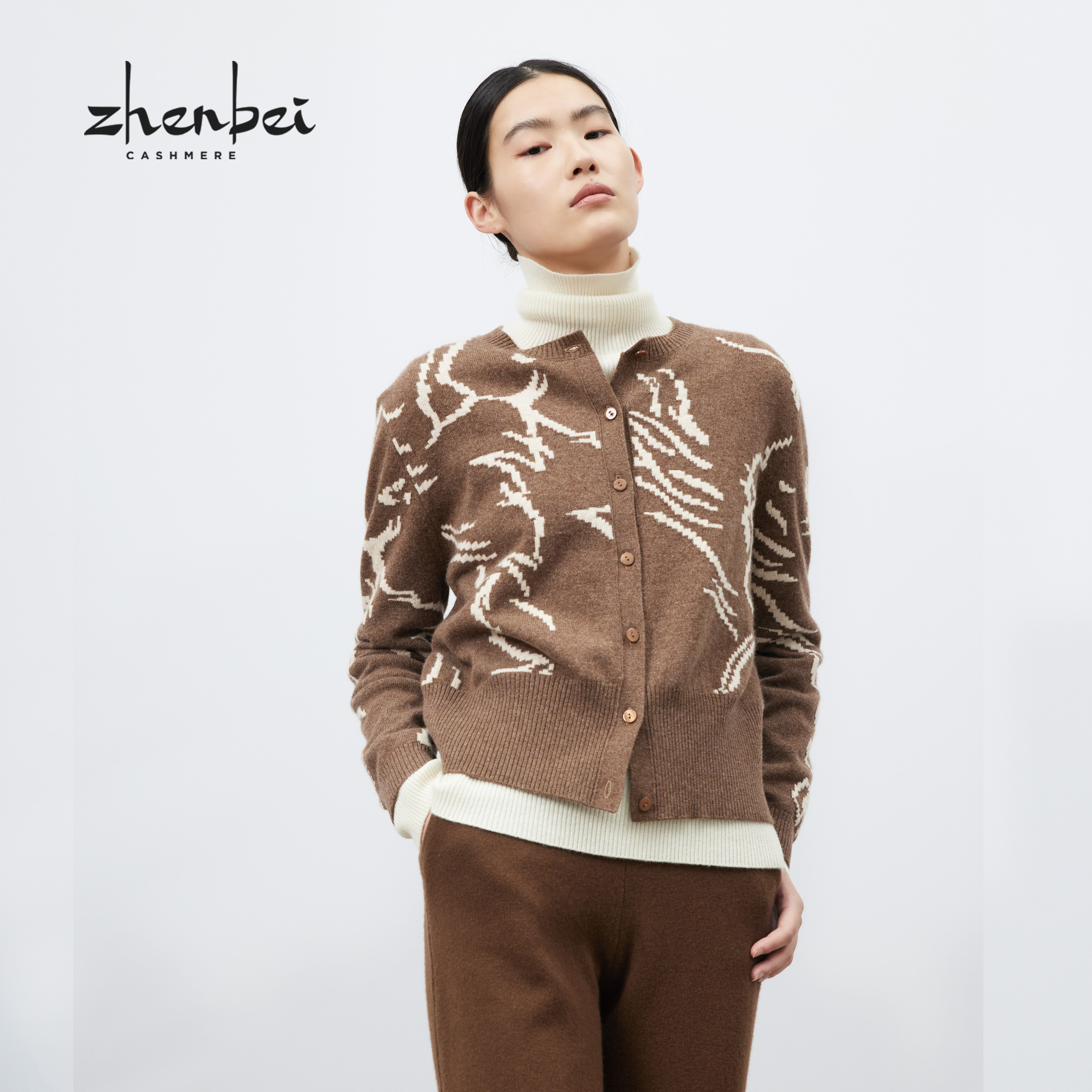 ZB/珍贝秋冬款圆领提花女开羊绒衫时尚打底通勤百搭时尚56170,女装/女士精品,羊绒衫,淘宝优惠券,粉丝福利购,淘宝优惠卷