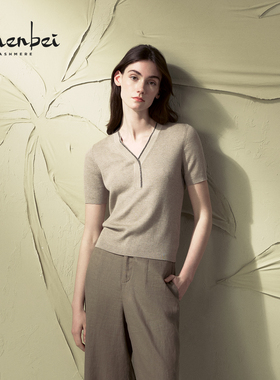 ZB/珍贝春夏新品 丝绒V搭领链饰女短袖时尚气质上衣半袖/H102018