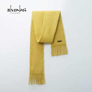 ZB/珍贝2025年秋冬新款100%山羊绒围巾脖绒绒流苏淡金黄色/W2095Q