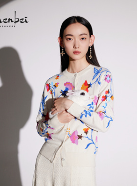 ZB/珍贝秋冬新100%羊绒无虚线提花圆领女开衫百搭通勤时尚/55931