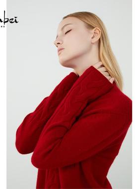 ZB/珍贝秋冬新款新年红山羊绒立领绞花女衫时尚百搭内通勤/h81028