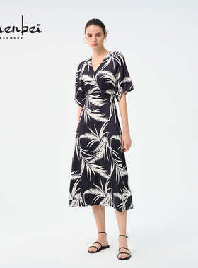ZB/珍贝春夏款桑蚕丝印花女士连衣裙短袖显瘦百搭时尚优雅/H94201