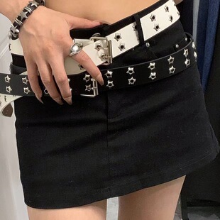 美式全孔y2k皮带女款辣妹朋克双排扣宽裤带装饰白色铆钉嘻哈腰带