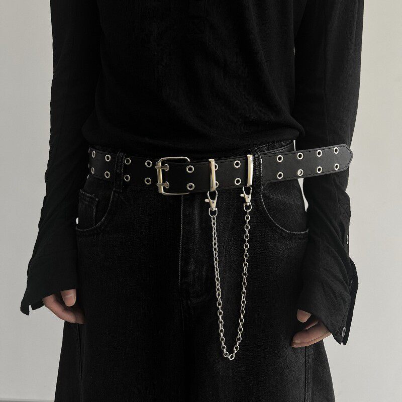 腰带男女士ins辣妹暗黑双排扣金属链条装饰百搭朋克牛仔裤皮带潮
