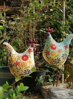 美式乡村铁艺彩色碎花公鸡装饰别墅花园庭院落地店铺装饰软装摆件