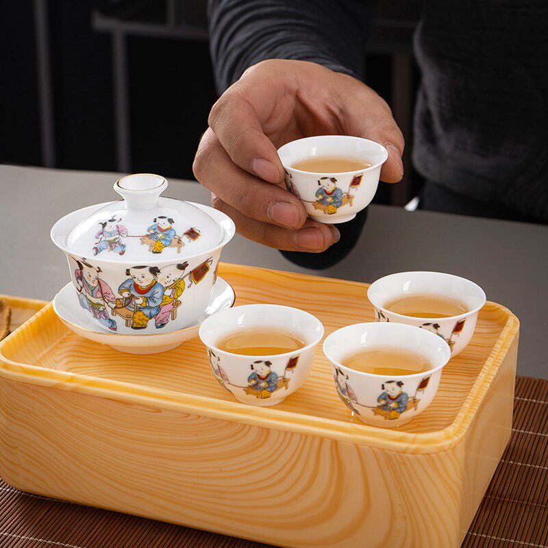 客厅商用陶瓷中式复古风茶具茶盘白瓷茶杯家用盖碗功夫茶用具简约