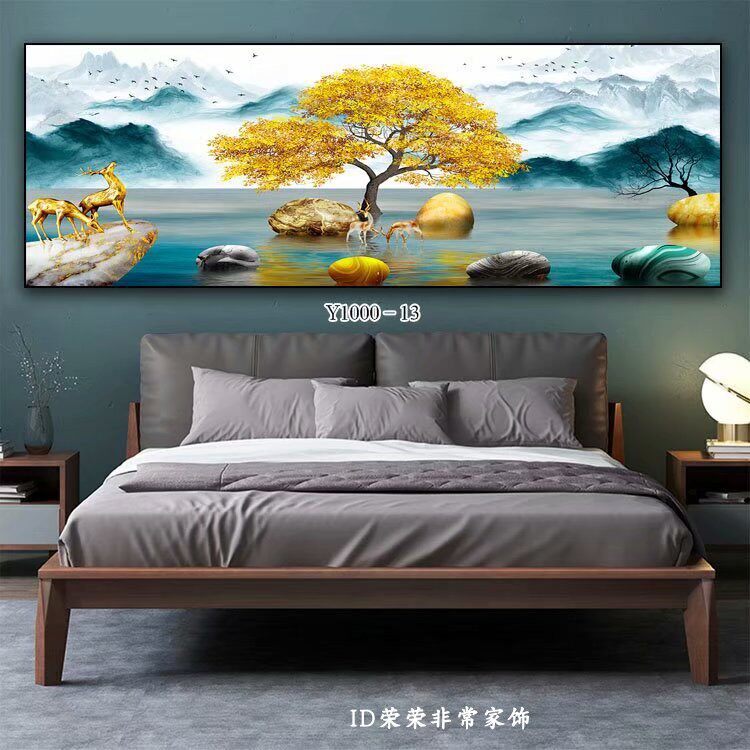 现代客厅山水禅意挂画发财树金麋鹿飞鸟石来运转装饰画轻奢牀头画