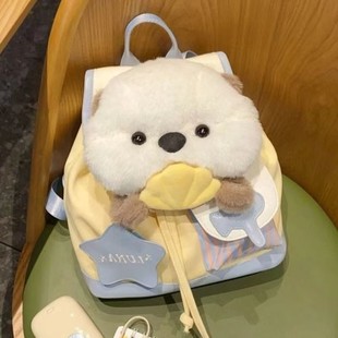 女童背包双肩出游可爱海獭帆布包2025新款轻便男抽绳包幼儿园书包