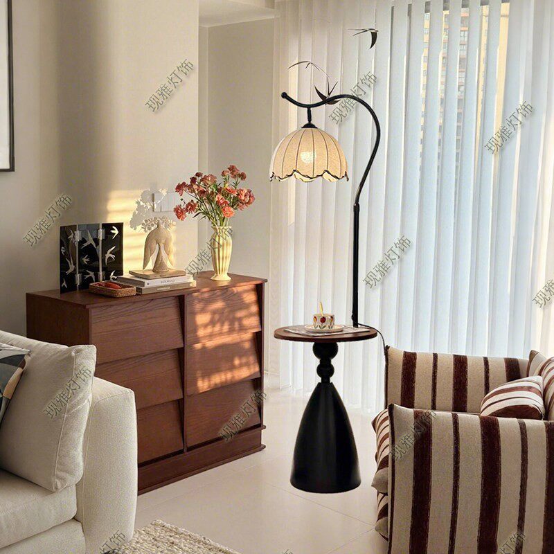 落地灯氛围客厅沙发旁边高级感中古复古牀头置物架一体卧室台灯
