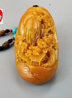 仿寿山石雕田黄色石粉手把件时来运转随机送把件绳