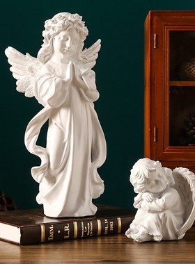 欧式复古天使摆件美式树脂石膏雕像白色小天使女孩桌面装饰品道具