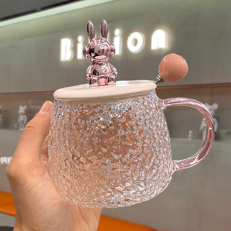 高颜值玻璃水杯带盖子勺女生可爱网红马克杯耐高温办公室咖啡早餐