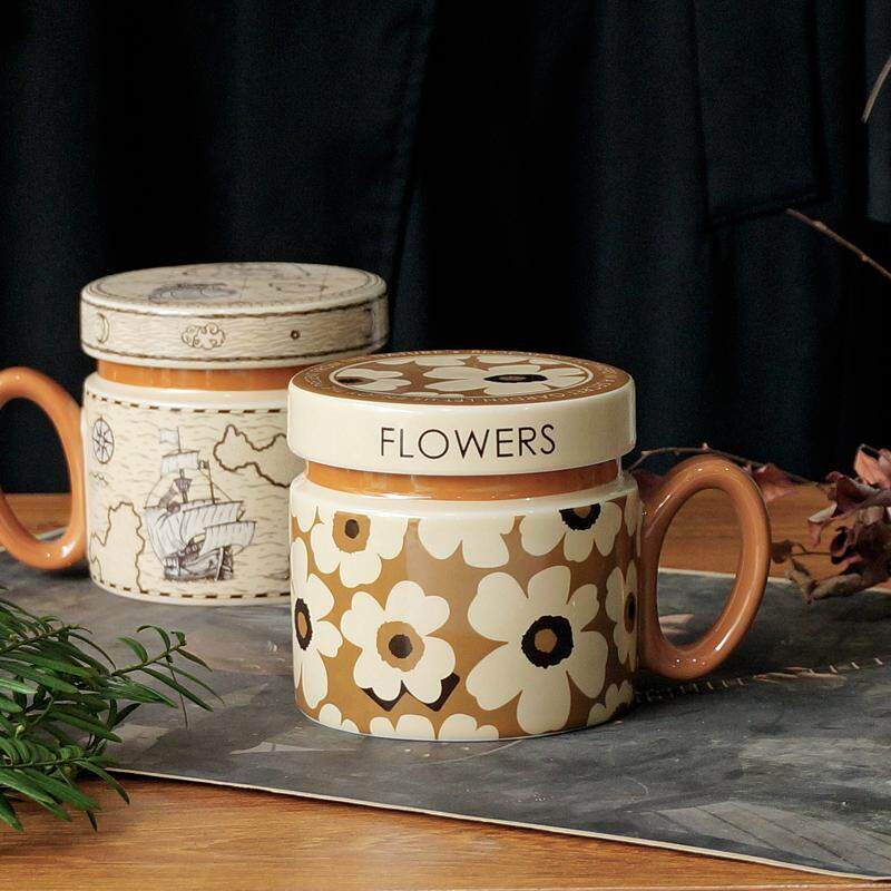 法式复古创意带盖子陶瓷情侣高颜值咖啡马克杯大容量女生水杯早餐