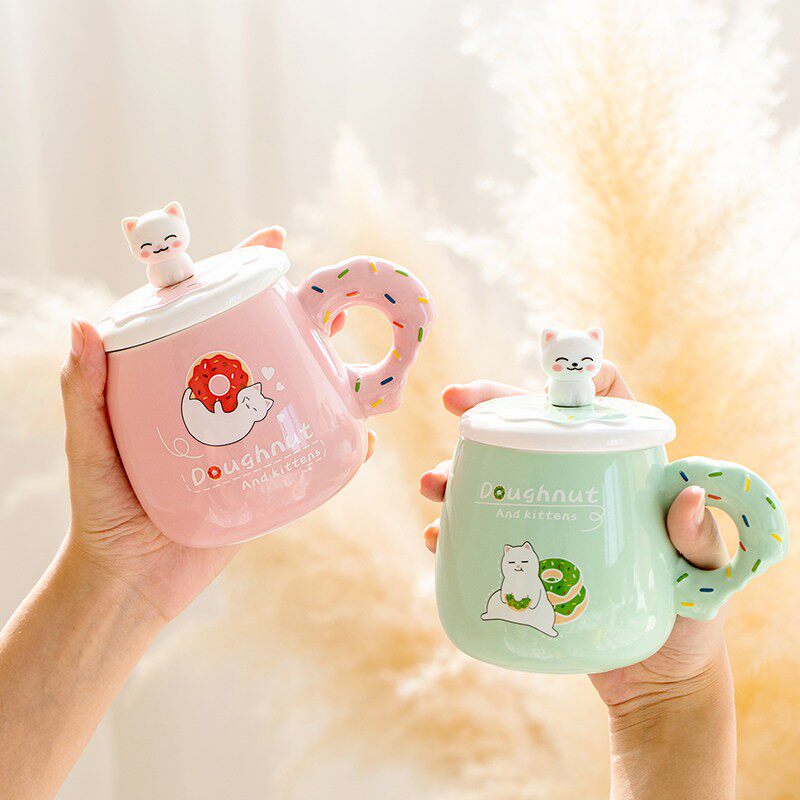 猫咪陶瓷杯子带盖子女生可爱情侣马克杯家用办公室喝水杯创意咖啡