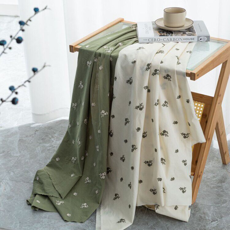 绿色棉麻刺绣碎花布料DIY手工服装洋装布艺包包抱枕面料