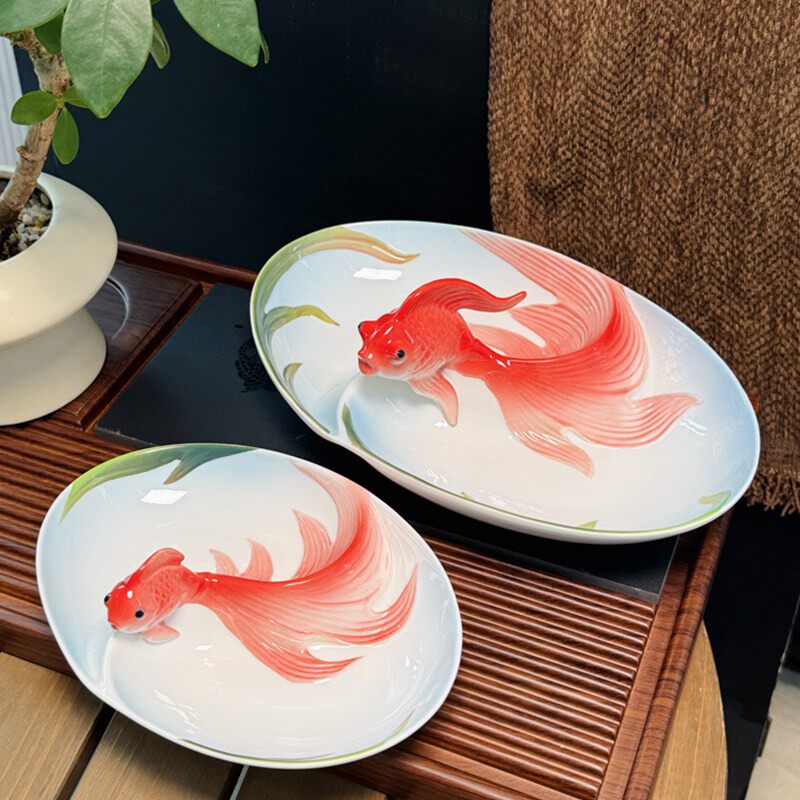 花水木金鱼陶瓷浮雕餐具锦鲤水饺盘釉下彩家用双格乾果盘零食盘