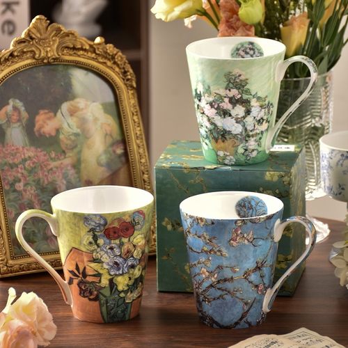 PiaJi 梵高莫奈花园骨瓷杯 欧式轻奢高颜值马克杯大容量骨瓷杯子