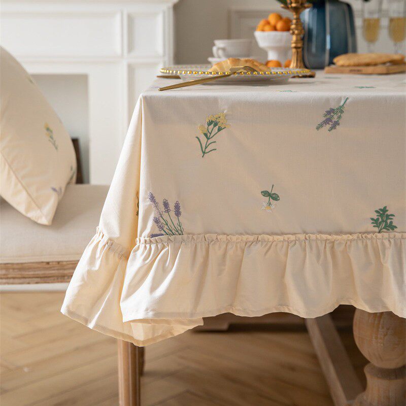 素雅杏色花草绣花桌布轻奢高级感圆餐桌桌布长方形田园桌子遮盖布