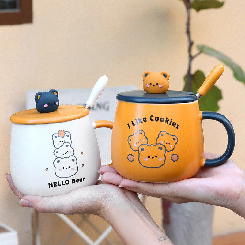 卡通陶瓷马克杯带盖早餐杯家用牛奶杯可爱情侣水杯高颜值喝水杯子