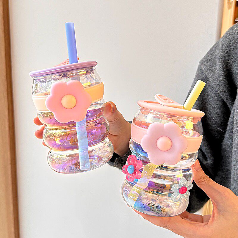 杯子女新款2025玻璃杯夏天带吸管的杯子耐高温办公室喝水花朵水杯