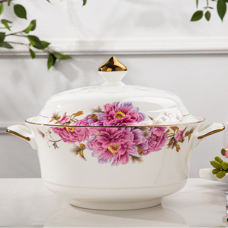 日式宫廷煲汤碗大汤碗骨瓷碗公家用陶瓷不烫手带盖汤古景德镇汤煲