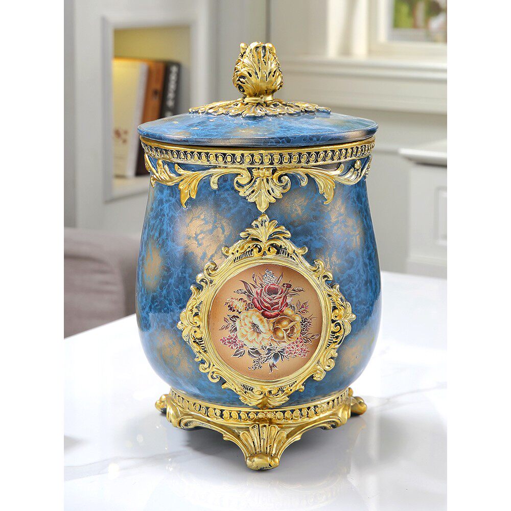 欧式客厅纸篓垃圾桶带盖轻奢高档家用装饰品美式树脂收纳桶摆件