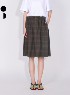WZWJ/未知未觉短款复古文艺松紧腰宽松绿格子半身裙女W611Q17538