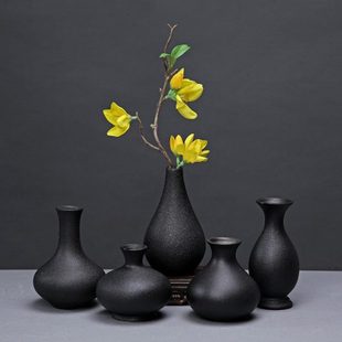 饰品工艺品水培花器 复古简约黑色陶瓷花瓶摆件办公室家居装