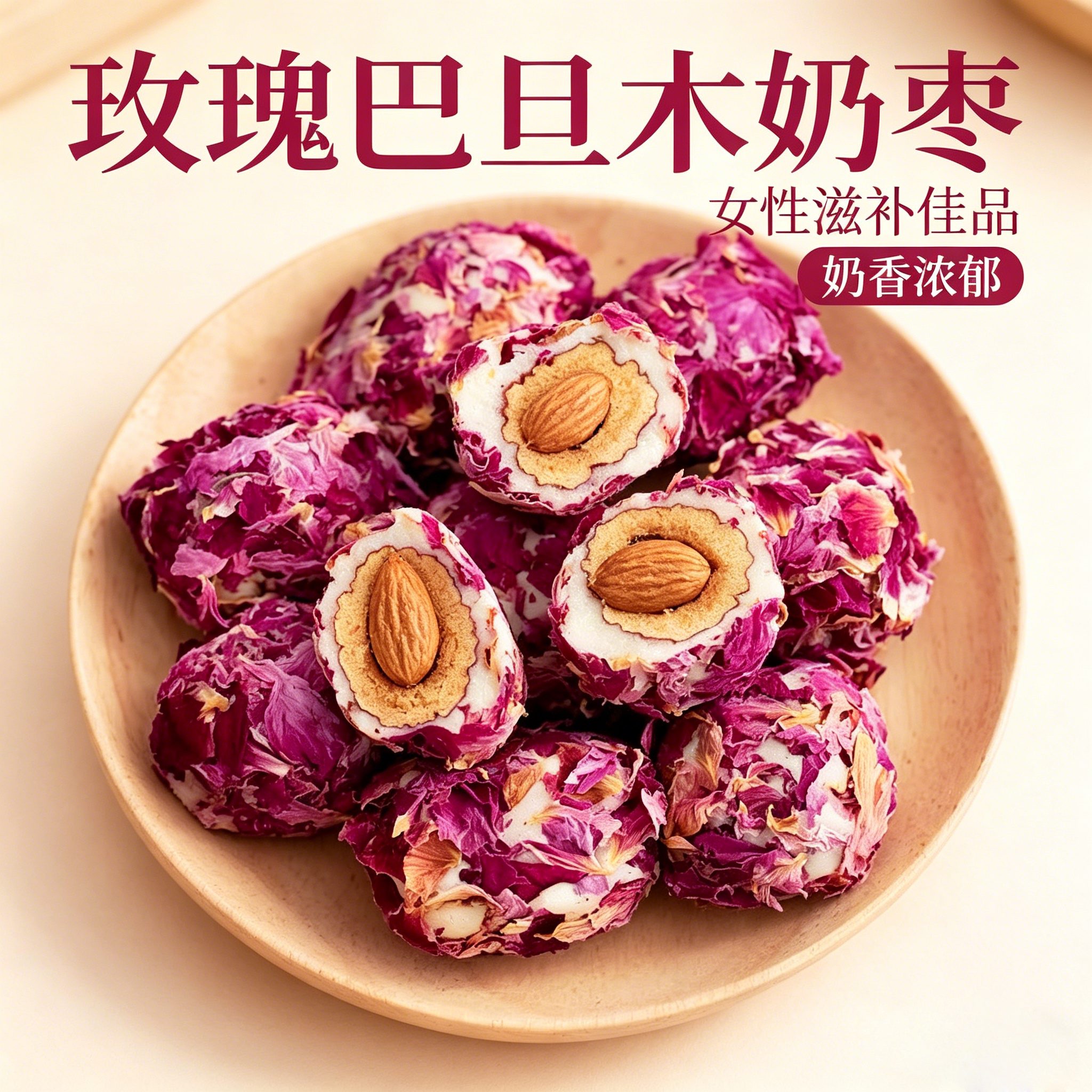 新疆特产手工无核红枣巴旦木奶枣玫瑰花休闲零食补气养血零食