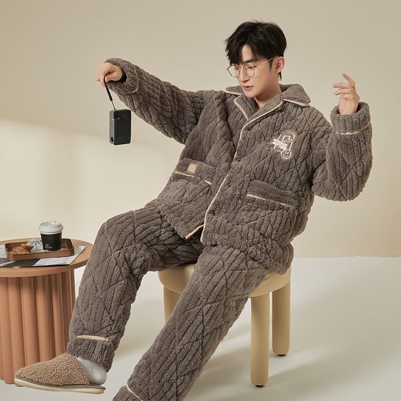 冬季睡衣男加厚加绒三层夹棉保暖珊瑚绒秋冬款男士大码家居服套装,女士内衣/男士内衣/家居服,睡衣/家居服套装,淘宝优惠券,粉丝福利购,淘宝优惠卷