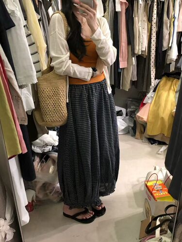 韩版下摆木耳边格子灯笼裤女2026夏季宽松百搭遮肉显瘦休闲阔腿裤