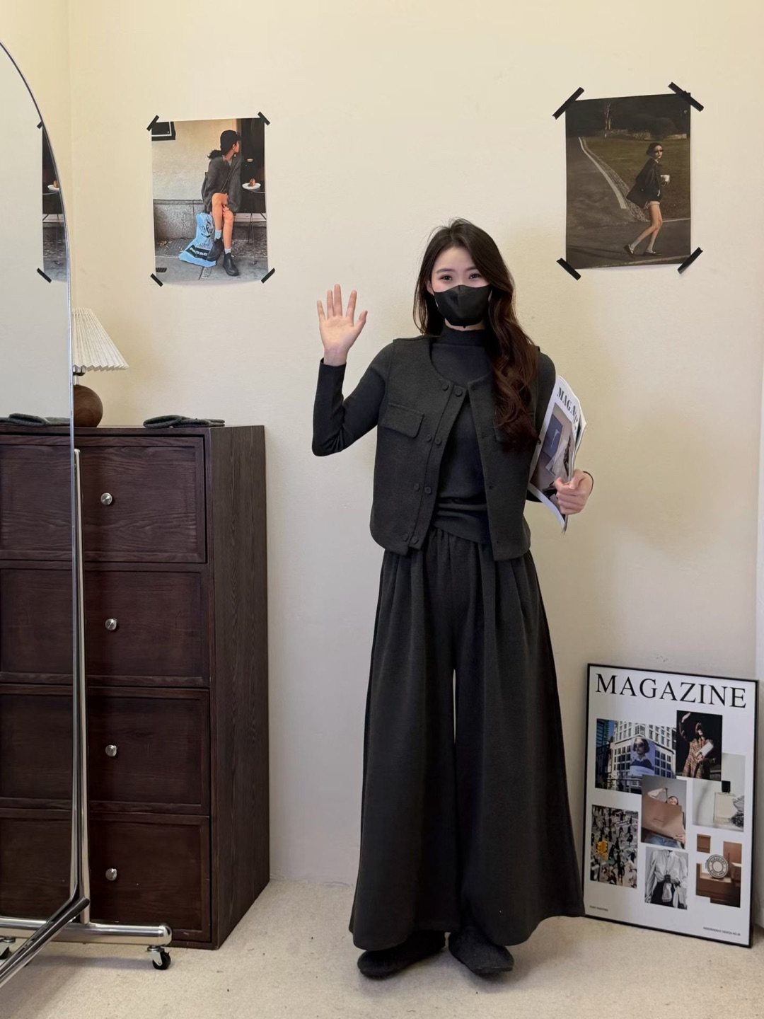 秋冬新款韩系简约风高级感气质马甲+打底衫+阔腿裤三件套女装套装