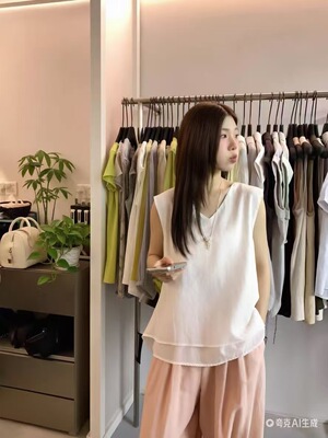 夏季韩系设计感时尚简约宽松后背打结宽松显瘦V领无袖女装上衣