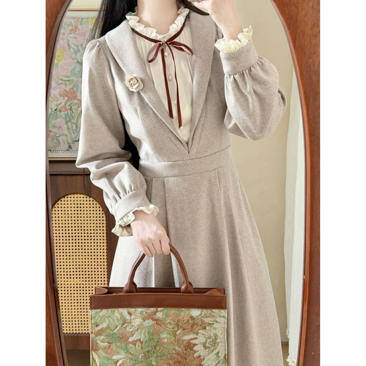 暖茶 自制法式学院风毛呢蝴蝶结荷叶边假两件灰色连衣裙秋季新款